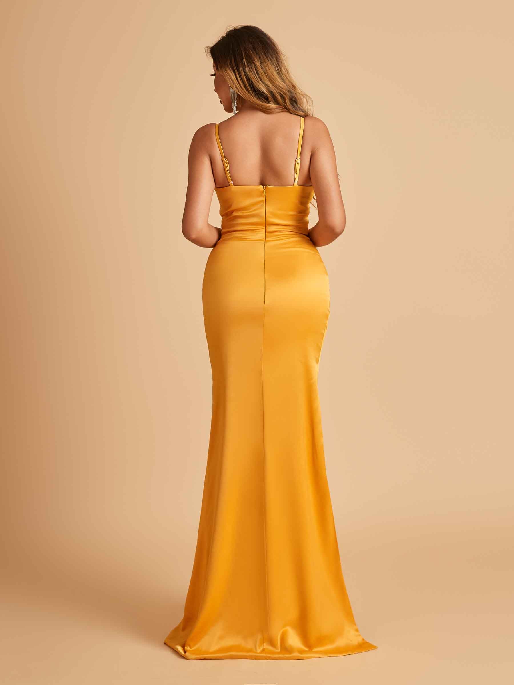 Satin Mermaid Long Prom Dresses Spaghetti Straps V-neck Side Slit Floor Length